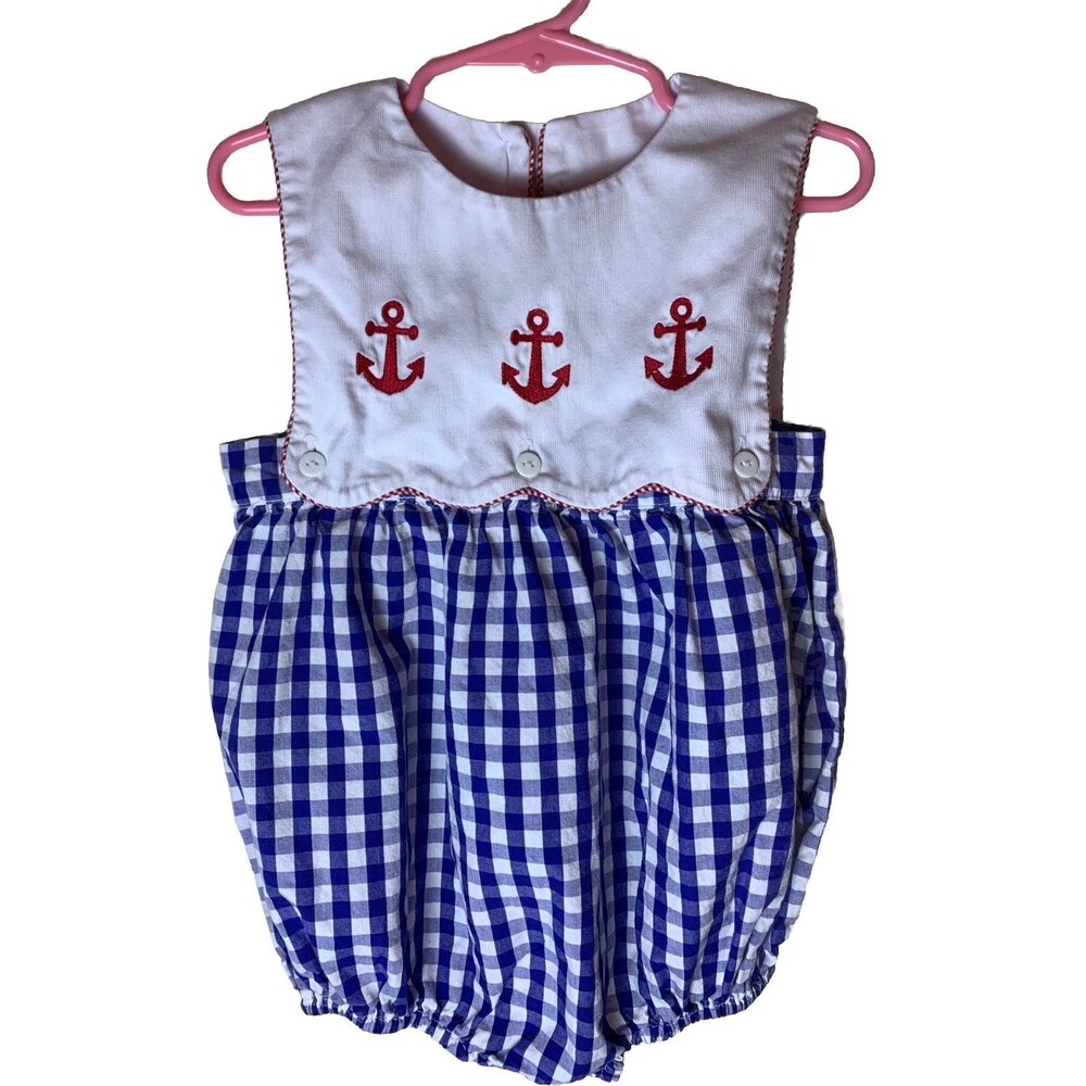 The Bella Bean 3T  Sailor Plaid  One Piece Nautical Embroidered Anchors 100% Cot